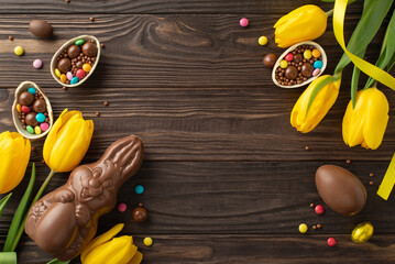 Easter candy scenario: Top view shot of chocolate eggs split open with colorful candy contents, a chocolate bunny, and tulips against a wood setting, space reserved for text or advert insertion