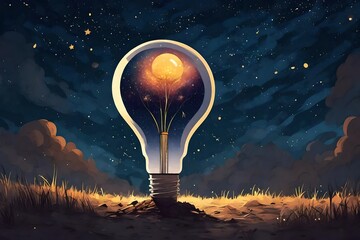 big bulb half buried in the ground against night sky with stars and space dust, digital art style, illustraation painting