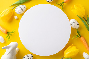 Springtime crafting concept: Top view of creative colored eggs, a charming rabbit statuette, carrots for the Easter Bunny, and tulips on a lively yellow surface with central void for text or promotion