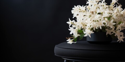 Real photo of white flowers on black bedroom stool with cushion.