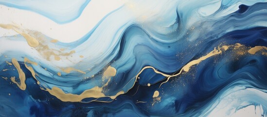 Abstract ocean inspired artwork featuring swirling marble like patterns and agate like ripples in luxurious blue paint with gold accents