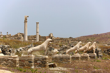 Lion statues from the Terrace of the Lions on the Cyclades island of Delos-Greece  