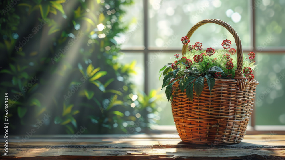 Aufkleber empty basket with tablecloth on wooden table over green bokeh background. spring and easter mock up 