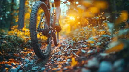 Fotobehang Bike, wheels and person cycling in countryside for fitness, health or off road trail hobby outdoor. Exercise, sports or training with athlete or cyclist on bicycle in nature for cardio workout © Алексей Василюк