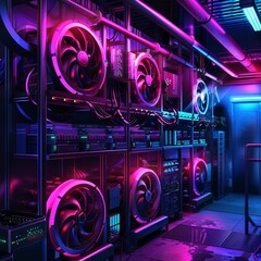 Stylized Bitcoin mining farm with advanced cooling systems