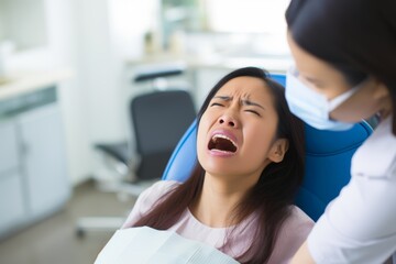 Portrait of a young woman in her late 20s, of Asian descent, grimacing in pain while seated in a dentist's chair, complaining about toothache, with the dentist intentionally blurred in the back - obrazy, fototapety, plakaty
