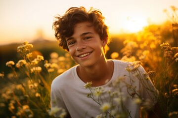 A teenage boy with an angelic smile, standing amidst a field of wildflowers, bathed in the golden glow of the setting sun.