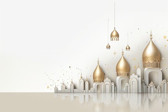 Islamic Ramadan background featuring golden lanterns and a mosque, hanging in the wind on a white and light gold backdrop generative ai