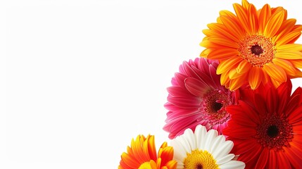 A vibrant setup with a handful of brightly colored Gerber daisies placed in the lower right corner against a stark white background. - obrazy, fototapety, plakaty