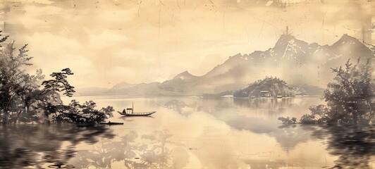 Antique-style Chinese landscape painting. The artwork presents a serene lake scene with a lone boat, distant mountains, and overhanging trees, sepia tone - obrazy, fototapety, plakaty