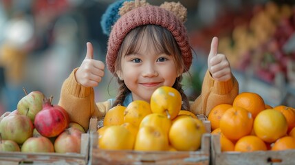 Fototapeta na wymiar Portrait of cute kawaii colorful girl showing thumb up, positive hand gesture recommending fruits at street market. Wooden boxes, yellow apples, oranges, red pomegranates in pastel colors. 
