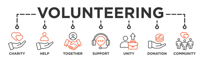 Volunteering banner web icon vector illustration concept for volunteer aid assistant with icon of charity, help, together, support, unity, donation, and community