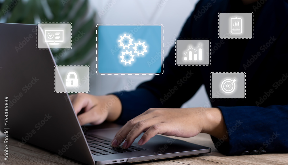 Poster modern technology in business concept, businessman using computer laptop working with ai to setting 