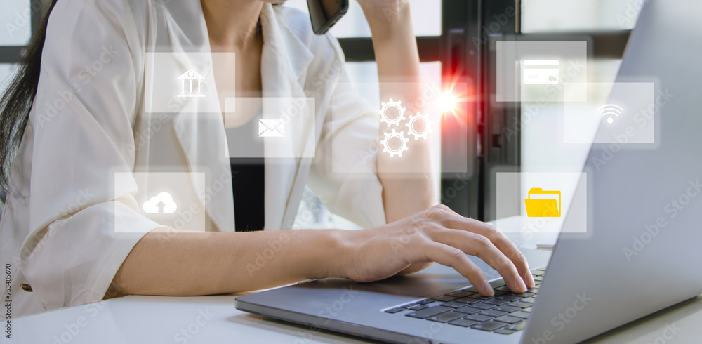Poster technology digital asset management system concept, searching and business managing files online doc