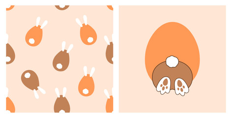 Easter seamless pattern with bunny rabbit cartoons on orange background. Bunny bottom, rabbit hole icon sign vector.