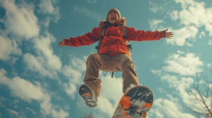 Young tall cute excited funny smiling asian active guy wears fashion clothes red hoodie, brown jeans, green backpack jump up floats in air on skateboard have fun joy pastel colours - obrazy, fototapety, plakaty