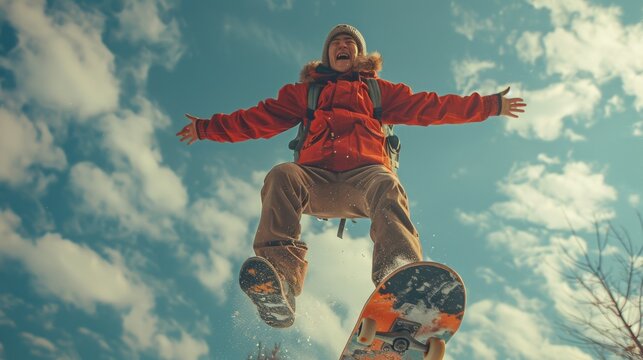 Young tall cute excited funny smiling asian active guy wears fashion clothes red hoodie, brown jeans, green backpack jump up floats in air on skateboard have fun joy pastel colours