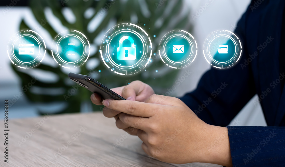Poster cyber security technology, data protection concept. user using smartphone with privacy security and 