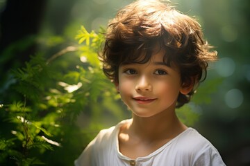 A young boy with angelic charm, his innocent smile captured against the backdrop of a lush green...