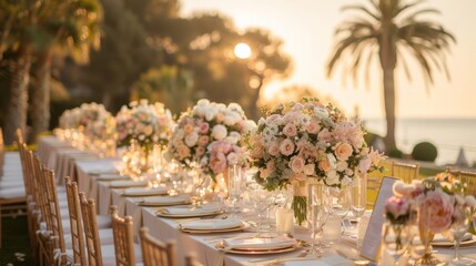 Luxurious beachside wedding reception tablescape adorned with floral arrangements, captured at sunset.