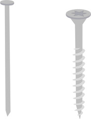 A simple light grey screw and nail side view flat 2D illustartion drawing vector image