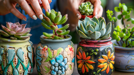 Artistic Hands Planting Lush Succulents in Vibrantly Painted Clay Pots, Indoor Gardening and Decoration Concept