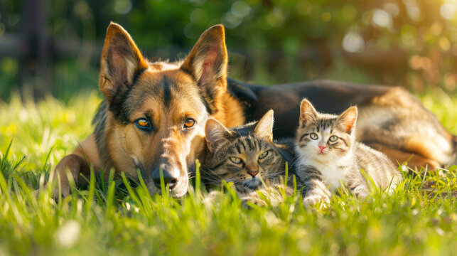 German Shepherd and Cats Lounging Together on Green Grass, Depicting Harmony Between Different Animal Species