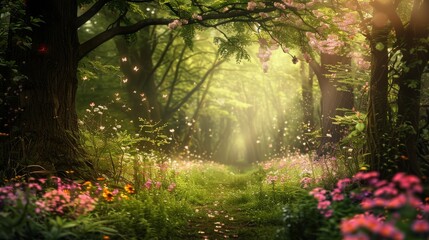 A magical forest pathway lined with whimsical flowers and radiant light beams, creating a fairytale scene.