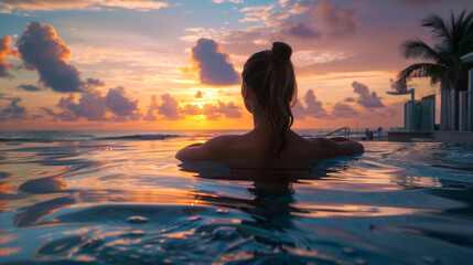 Fototapeta premium Woman enjoying a tranquil sunset from an infinity pool, a serene end to the day in a tropical paradise.