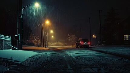 Vehicle with automotive lighting driving on snowy street at night - obrazy, fototapety, plakaty