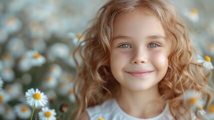 Fototapeta premium Young girl standing among daisies in a field