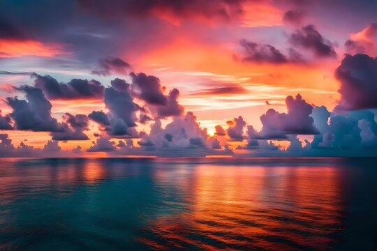 Stunning colorful sunset sky with clouds on the horizon of the South Pacific Ocean. Lagoon landscape in Moorea. Luxury travel.