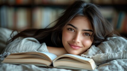 A woman relaxing in bed while reading an open book