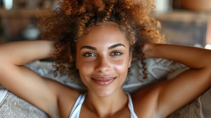 A woman with curly hair relaxing on a couch