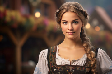 portrait of a Bavarian girl at a beer festival, women's national dirndl outfit for Oktoberfest.