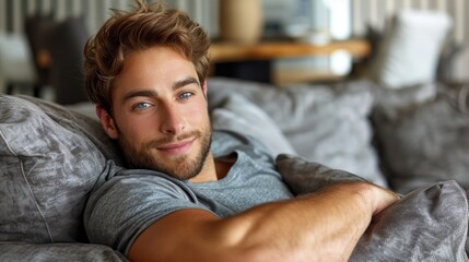 Fototapeta premium A man relaxes on a couch, arms folded across his chest