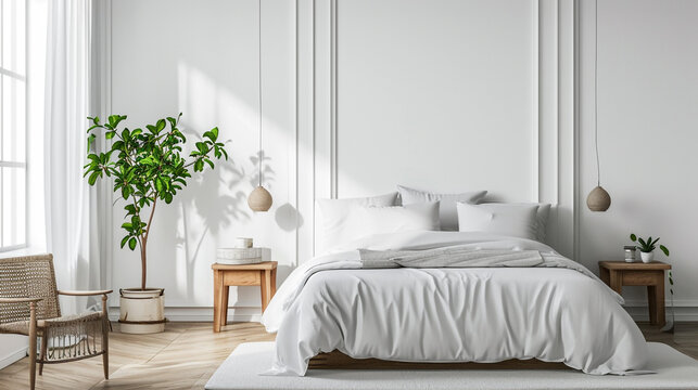 interior of a bedroom with white bed