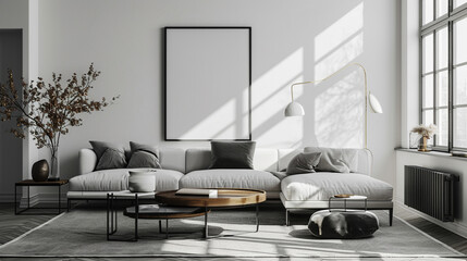 modern living room with photo frame on wall