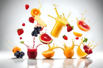 mixed fruit falling into juices splashing on white background
