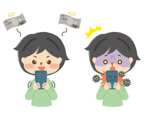 スマホで課金する子どもの表情パターンのイラストセット