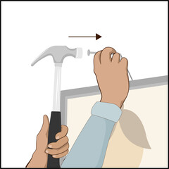 Using hammer to put a frame on the wall, illustration small tapping closeup of hands holding the hammer and nail, caucasian person diy picture frame