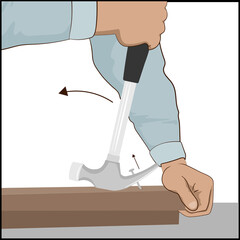 Using hammer to pull a nail out of a wood plank, closeup of hands holding the hammer and nail, caucasian person diy handyman workshop industry