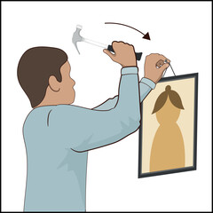 Using hammer to put a frame on the wall, illustration large swings, closeup of hands holding the hammer and nail, caucasian person diy picture frame
