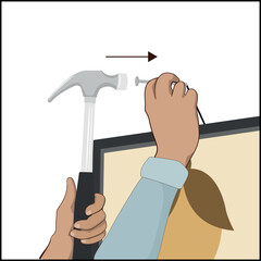 Using hammer to put a frame on the wall, illustration small tapping closeup of hands holding the hammer and nail, caucasian person diy picture frame