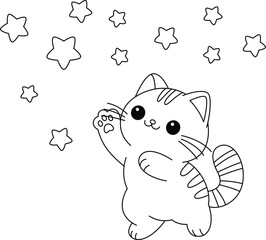 The cute cat is jumping up to catch the stars coloring page.