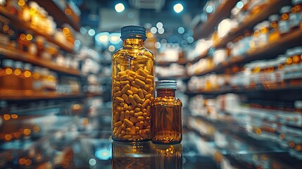 Two amber bottles, one with capsules, on a pharmacy counter - obrazy, fototapety, plakaty