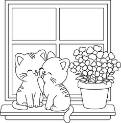 Two adorable cats are sitting on the windowsill grooming their fur coloring page.
