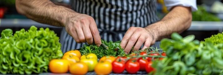 A man in an apron standing at a cutting board, slicing various vegetables
