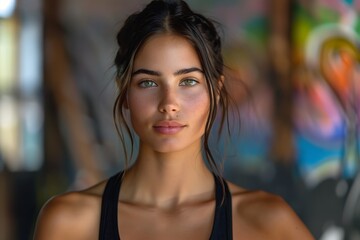 sporty beautiful yoga girl in a black top looks at the camera generated by AI