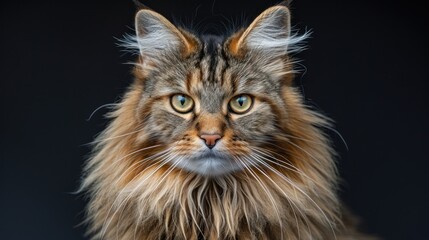 A long haired cat with green eyes looking directly at the camera